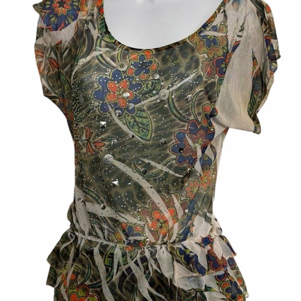 Y2K Floral Mesh blouse with silver stud detail ruffle peplum